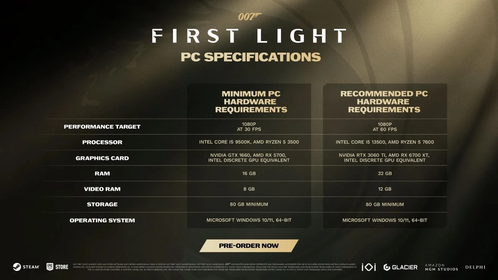 007 First Light official PC specifications — minimum and recommended hardware